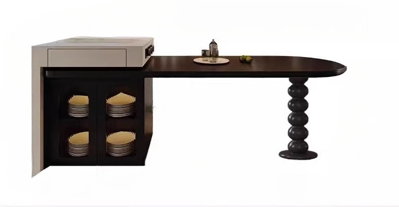 

Medieval retractable island, dining island integrated arc pure black rock slab