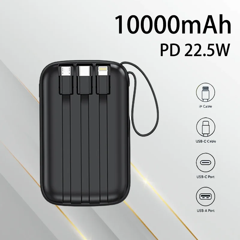 20000mAh 10000mAh Mini Power Bank Built-in Cable Lightweight Portable Charger For Emergency Mobile Phone Tablet Daily Use
