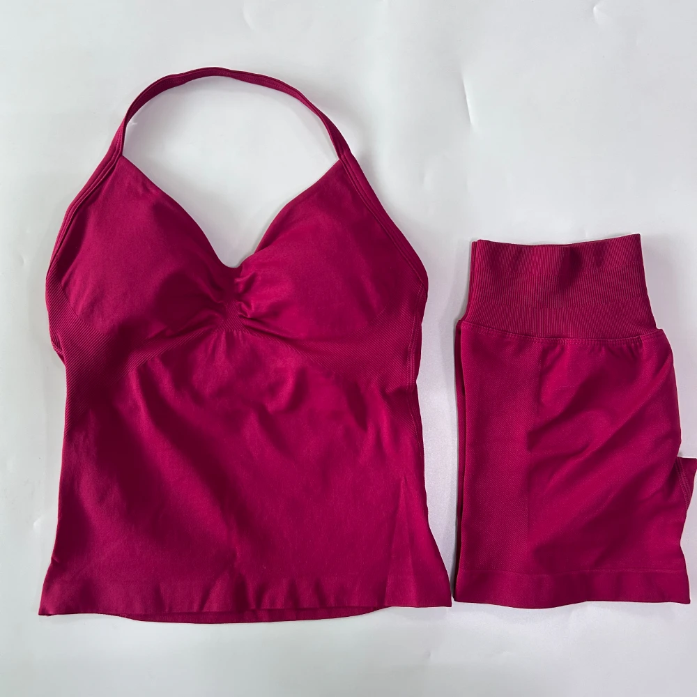 Geen logo 2-delige gymset Dames backless tanktops Hoge taille Scrunch Naadloze shorts Gympak Fitnesskleding Activewear Workout-set