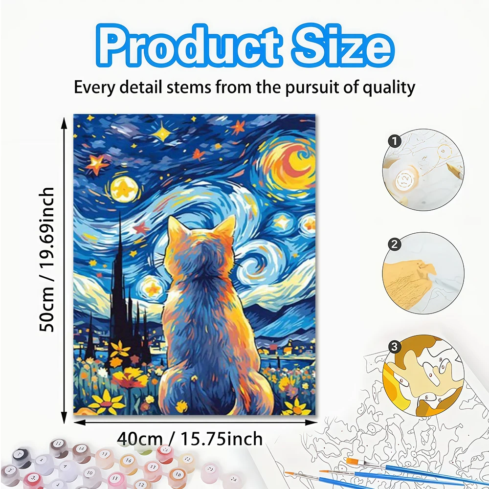 

1 шт., звездный кот Ван Гог, набор для акриловой цифровой живописи «сделай сам», для начинающих, рамка для домашнего декора стен в комплект не входит