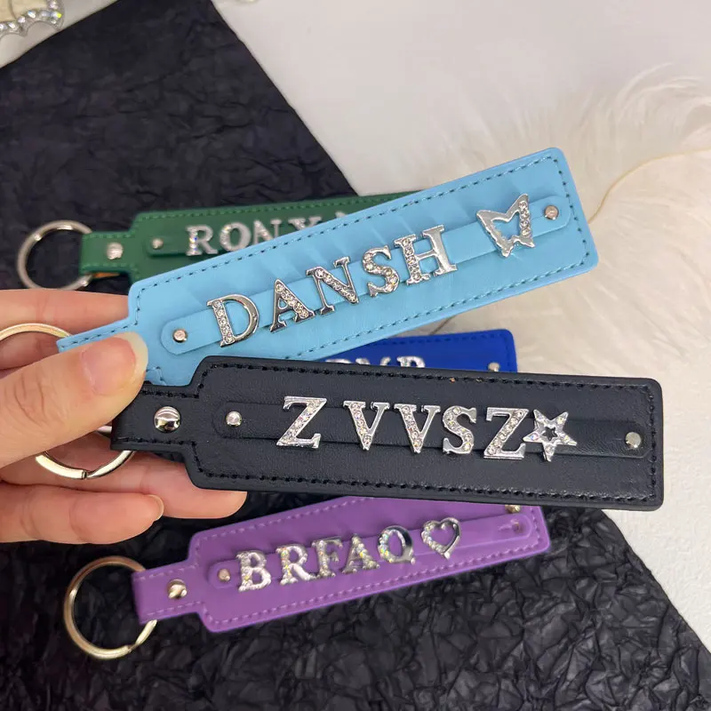 Custom Name Key Chains Leather Keyring Crystal Letters Key Ring For Women Men Custom your Name Gifts Accessories Car Strap Waist