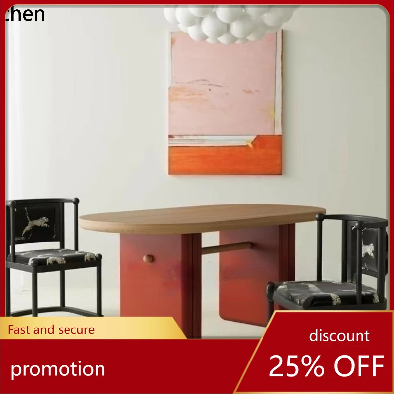 

HXL medieval dining table solid wood oval cream wind small apartment paint French creative reception table and chairs