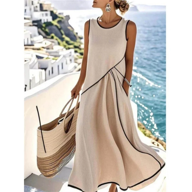 Vacay 2026 round Neck Sleeveless Color Block Loose Slimming Cross over Dress Casual Summer Maxi Dress for Women