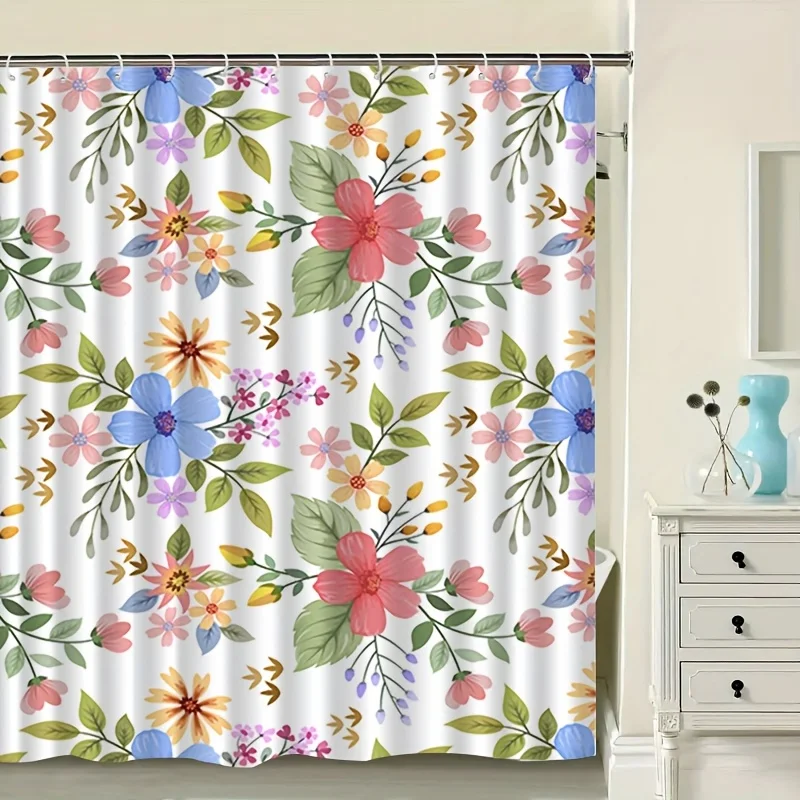 Watercolor Floral Shower Curtain, Colorful Wildflower & Leaf Pattern Waterproof Bath Curtain, Fresh Spring Bathroom Decor