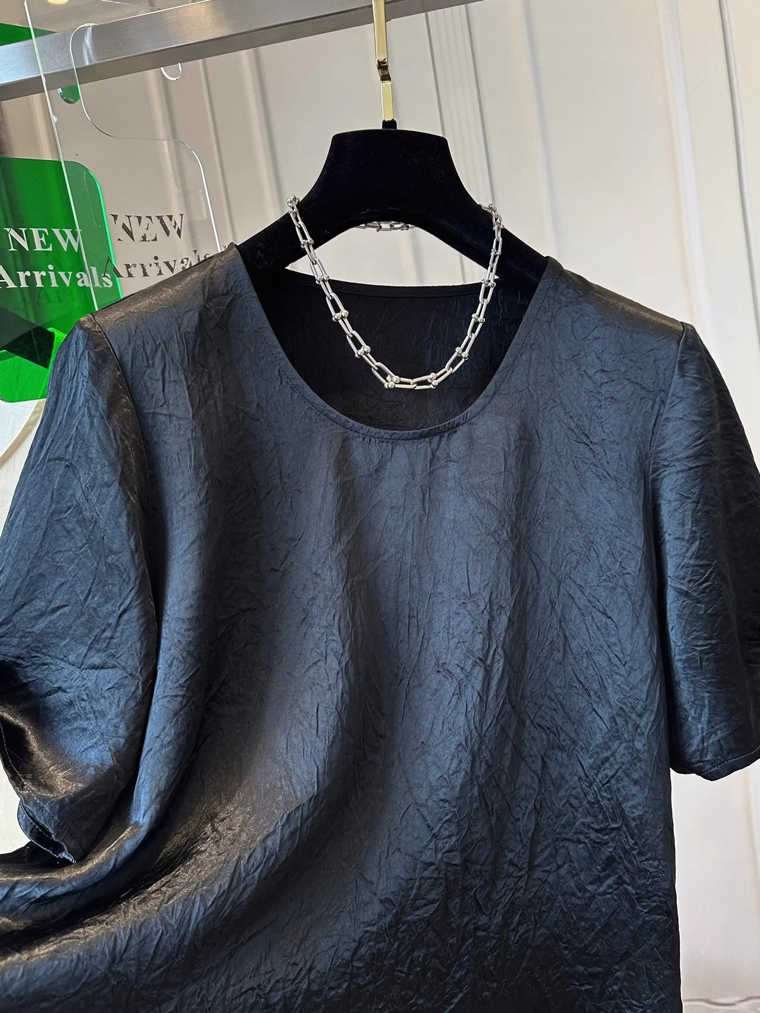 특대형 300포 아세테이트 새틴 질감 접이식 여성 여름 신상 루즈핏 탑 쉬폰 블라우스