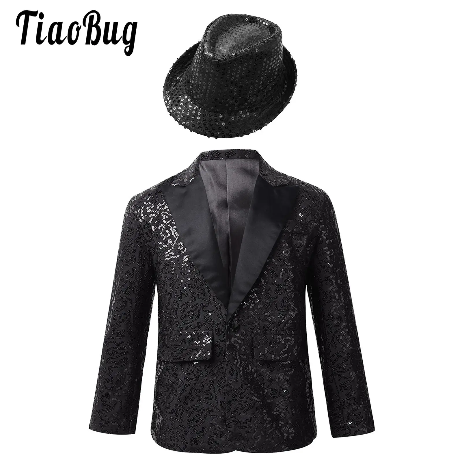 

Kids Boys Shiny Sequins Lapel Jacket Coat Glitter Blazer Tuxedo with Fedora Hat Banquet Dance Wedding Party Fancy Costumes