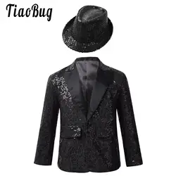 Kids Boys Shiny Sequins Lapel Jacket Coat Glitter Blazer Tuxedo with Fedora Hat Banquet Dance Wedding Party Fancy Costumes