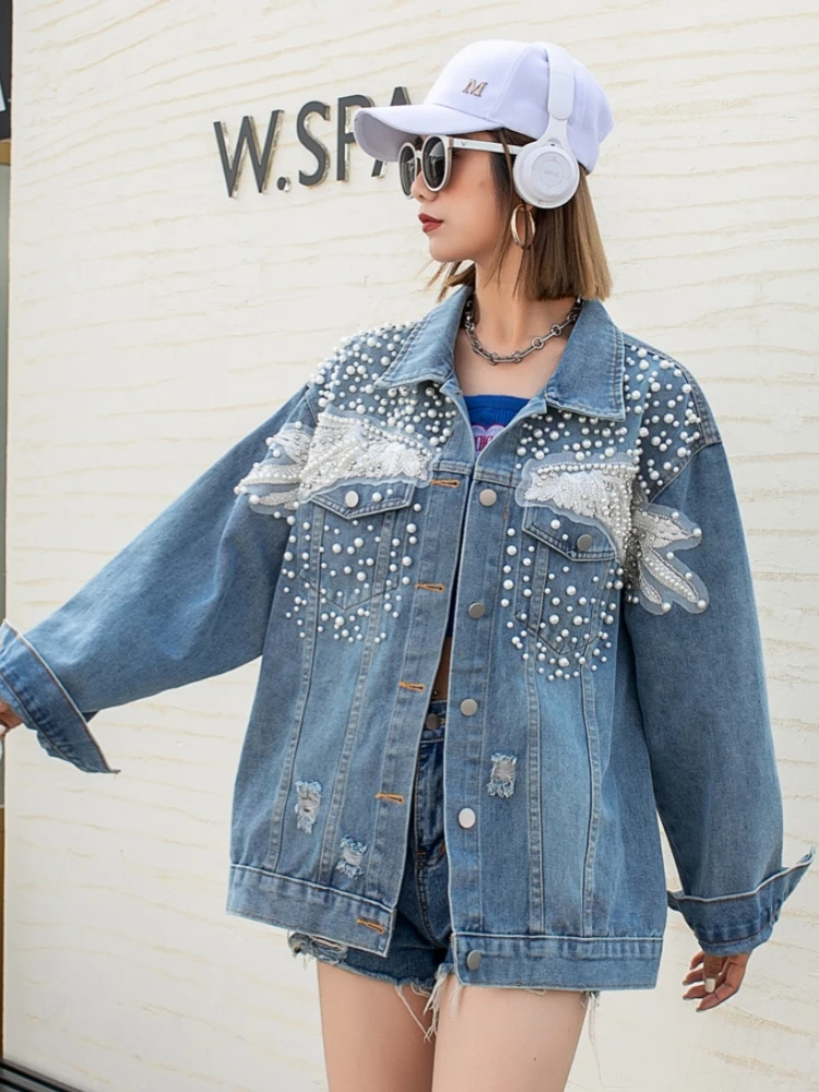 

Faionable ort Denim Jaet Women's Loose Fit Korean Sle Autumn New Design Embellied Button up Casual Versatile Top