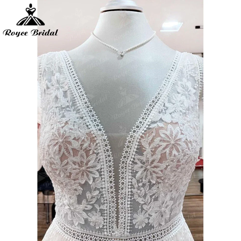 Lindo longo a linha de renda apliques vestido de casamento tule aberto volta sem costas sem mangas novidade vestido de casamento robe mariée