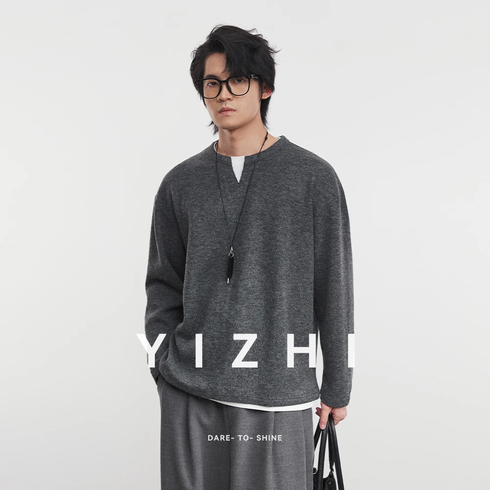 

Fashion Men's Slightly Wide Fake Two Piece Sweatshirt 2025 Autumn Winter New Solid Color Loose Casual Long Sleeved Top Pullover