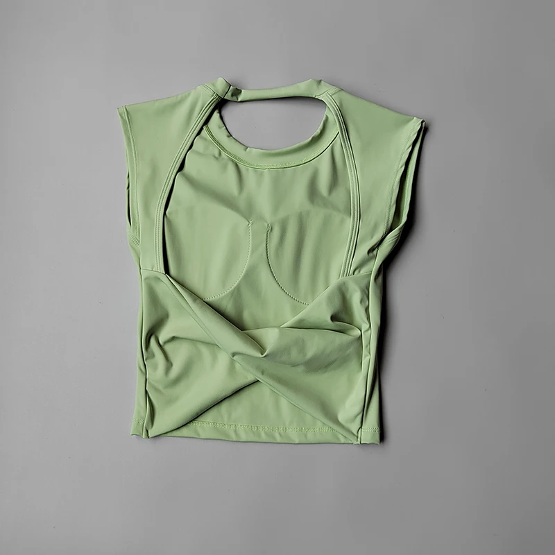 Yoga de manga corta para mujer, almohadilla fija para el pecho, correr, gimnasio, Sexy, sin espalda, Camiseta deportiva de entrenamiento corto, chaleco de Fitness adelgazante de cintura