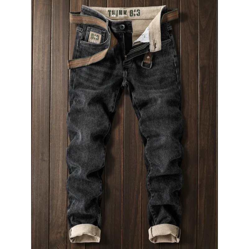 2025 الشتاء الصوف الدافئة الجينز الرجال موضة مطاطا بناطيل ضيقة التطريز عادية سماكة الرجال السراويل