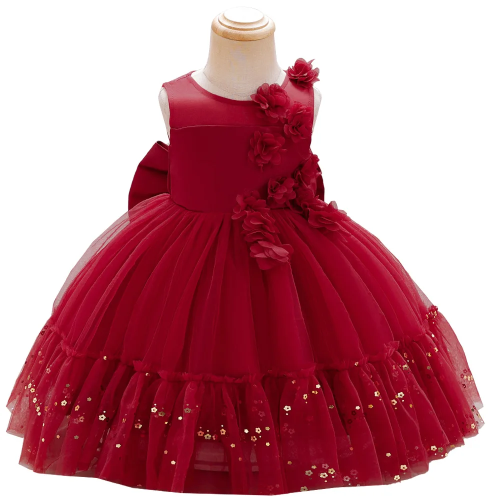 ELBCOS 1-7Y Girls Crew Neck No-Sleeve Unilateral Rose Back Big Bowknot Skirt sequins Costumes Full Ball Gown Dress