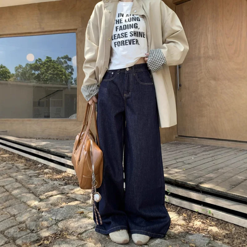 

American Retro High-Waisted Wide-Leg Jeans for Women, Autumn Loose Slimming Draped Large Hem Casual Floor-Length Pants