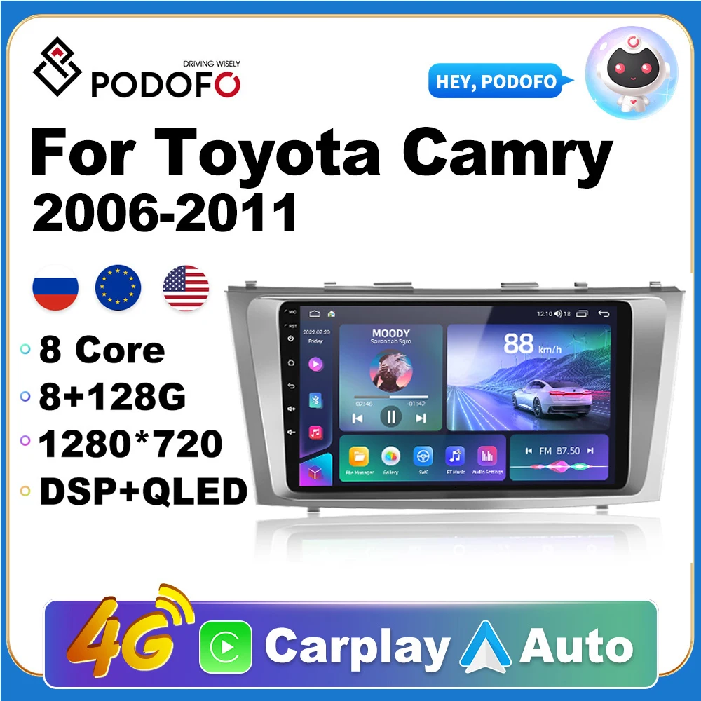 

Podofo Android 10 Car Radio Multimedia Video Player for Toyota Camry 2006-2011 Navigation Head Unit Carplay Stereo Speakers