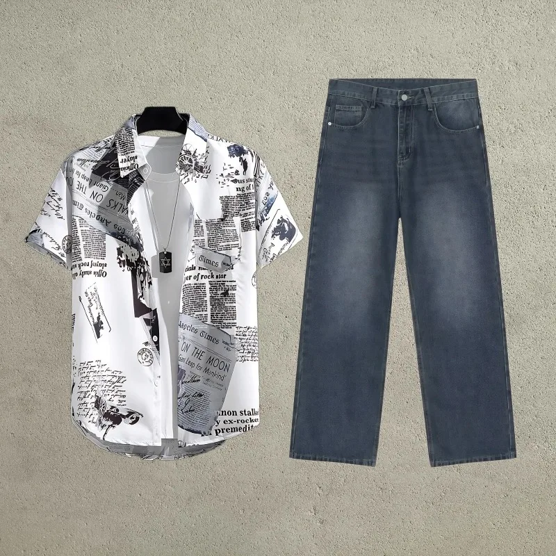 

Мужские рубашки и джинсы с короткими рукавами и принтом, повседневные тонкие топы, летняя одежда