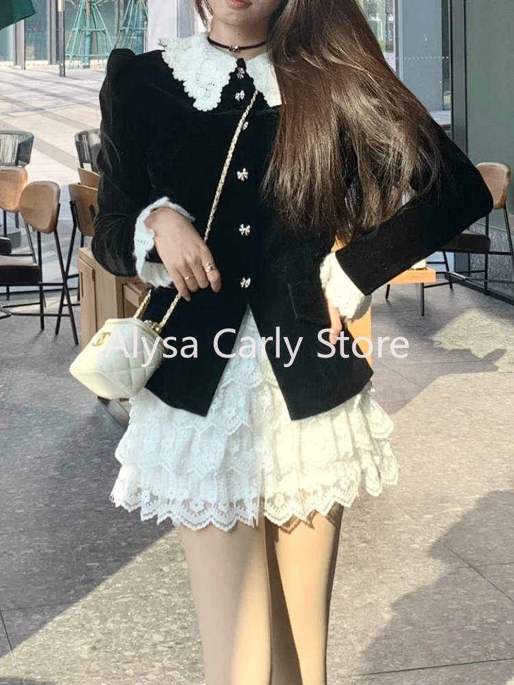 Elegant Velvet 2 Piece Dress Set Women 2023 Winter Vintage Party Korean Style Suits Long Sleeve Velvet Tops + Casual Lace Skirt