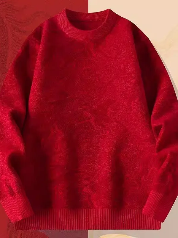 

Мужской модный теплый вязаный свитер с круглым вырезом и черно-красным принтом, зимняя одежда для студентов