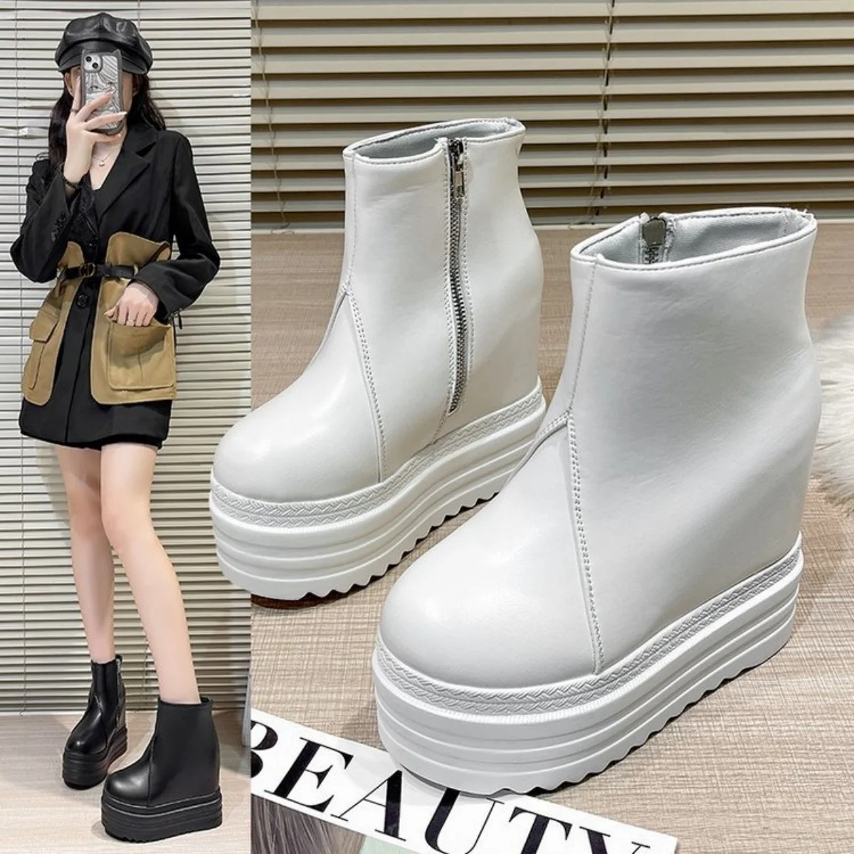 كعب عريض كبير الحجم للنساء، حذاء بمقدمة مستديرة مرتفعة، كعب عالي بنعل سميك، طراز جديد، 2025