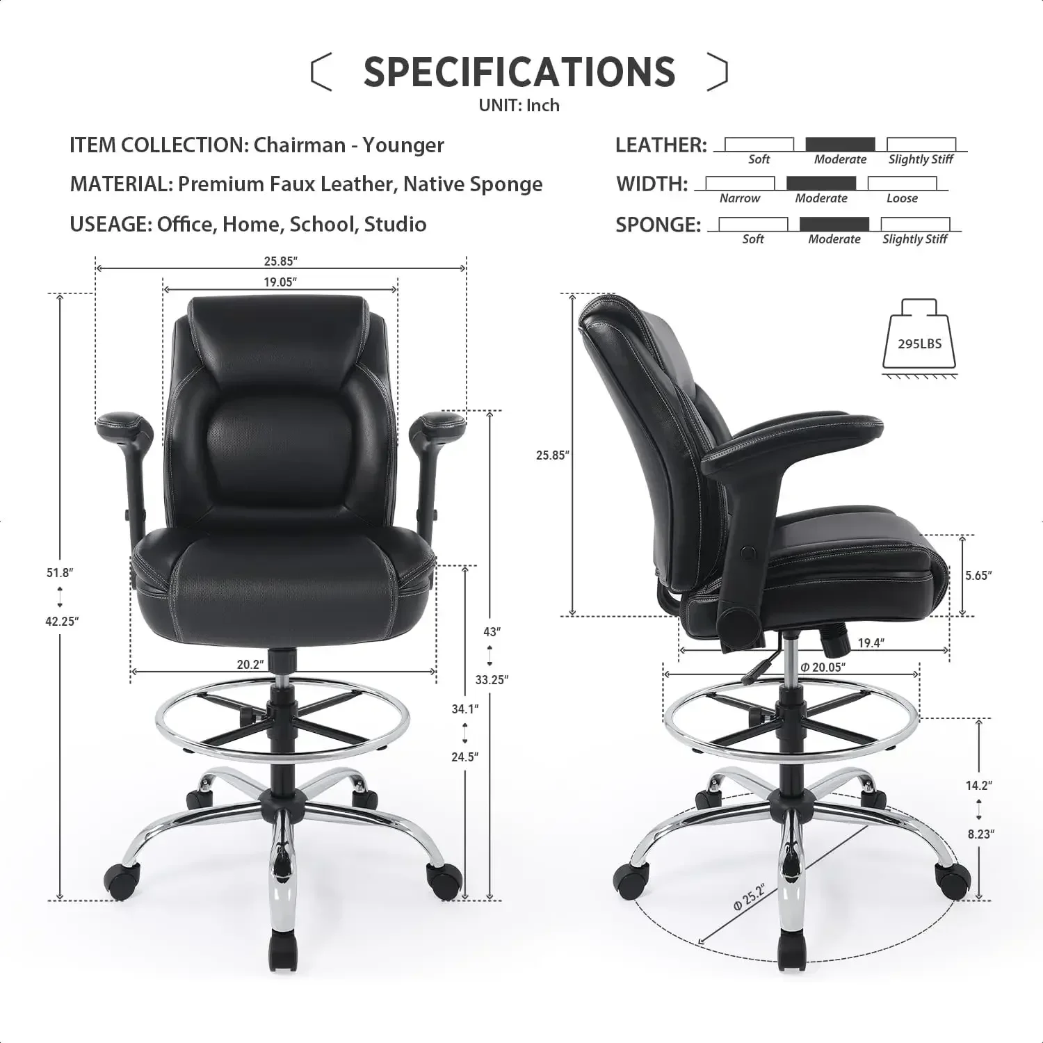 Mid Back Faux Leather Adjustable Drafting Chair Swivel Standing Desk Stool With Foot Ring