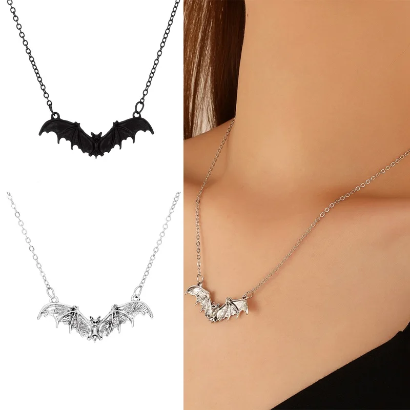 2024 Gothic Retro Punk Bat Shaped Pendant Necklace Halloween Witch Jewelry Gift For Women Girl