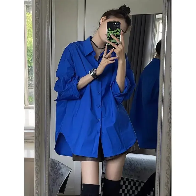 

Pure Cotton Klein Blue Middle Length Women's Shirt Spring Autumn Korean Edition Retro Loose Slimming Casual Top for Women ZT425