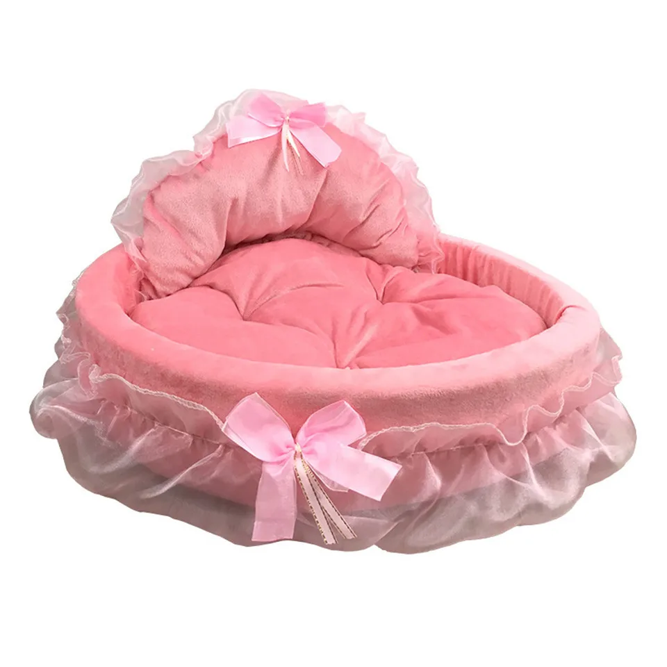 Hanpanda-camas de encaje con lazo de fantasía para perros grandes, cama desmontable ovalada rosa, cesta de cama para mascotas de princesa, muebles