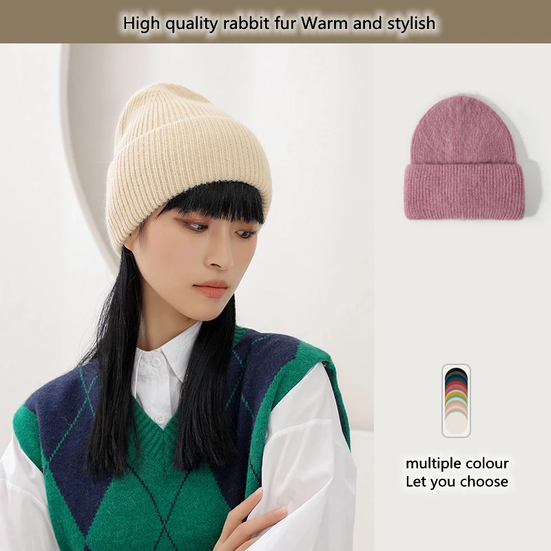 Women\'s winter knitted hat high quality rabbit fur cold proof beanie solid color men\'s outdoor thickened warm pullover hats