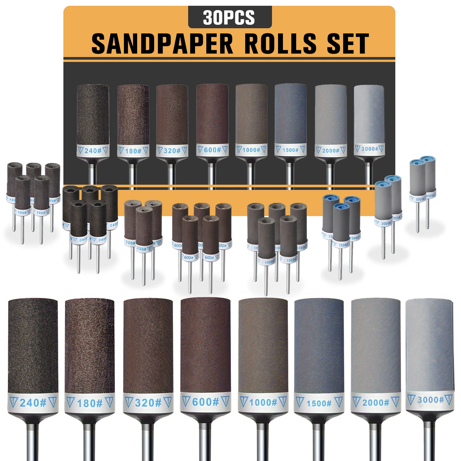 

30pcs Rotary Tool Sanding Drum Set 3mm Shank 180-3000 Grit Sandpaper Mandrel for Wood Metal Plastic Grinding Polishing