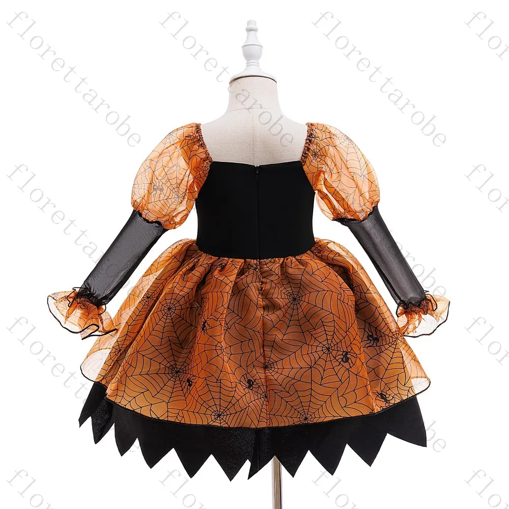 Customized Halloween Kids Costume Orange Spiderweb Print Velvet Square Neck Long Puff Sleeve A Line Short Bat Hem Party Dress