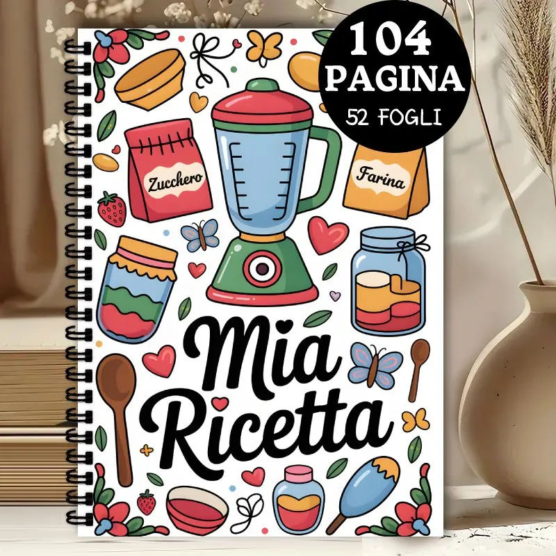 Libro de recetas italiano, diseño de cocina de dibujos animados, compatible con idioma italiano, ideal para entusiastas de la cocina y la planificación de recetas en el hogar