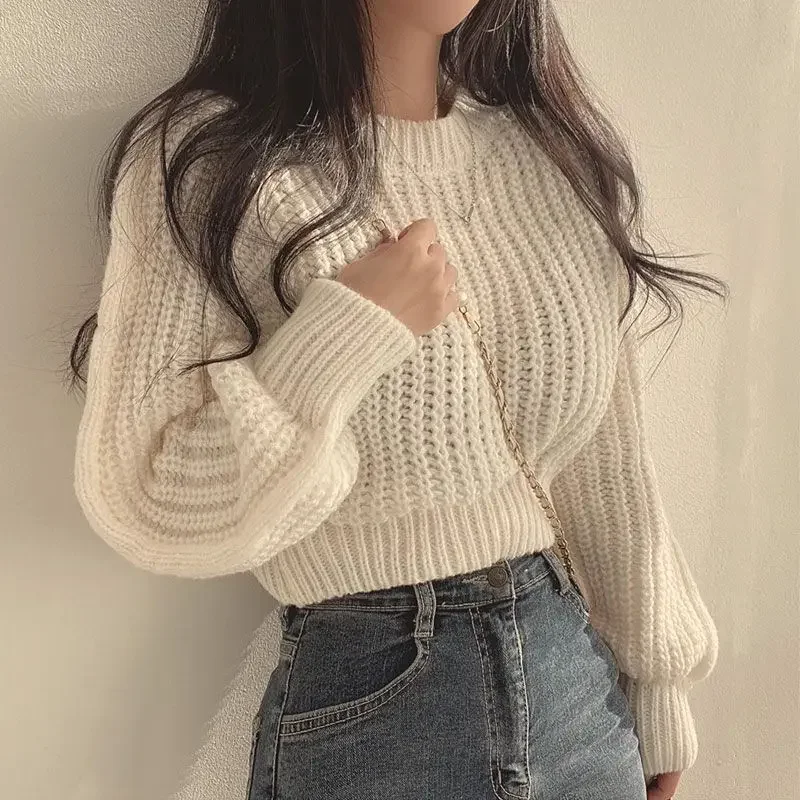 Round O Neck Pullover Knitted Top For Women Brown Short White Ladies Sweaters Crop Cheap And 2025 New In Offers Y2k Vintage