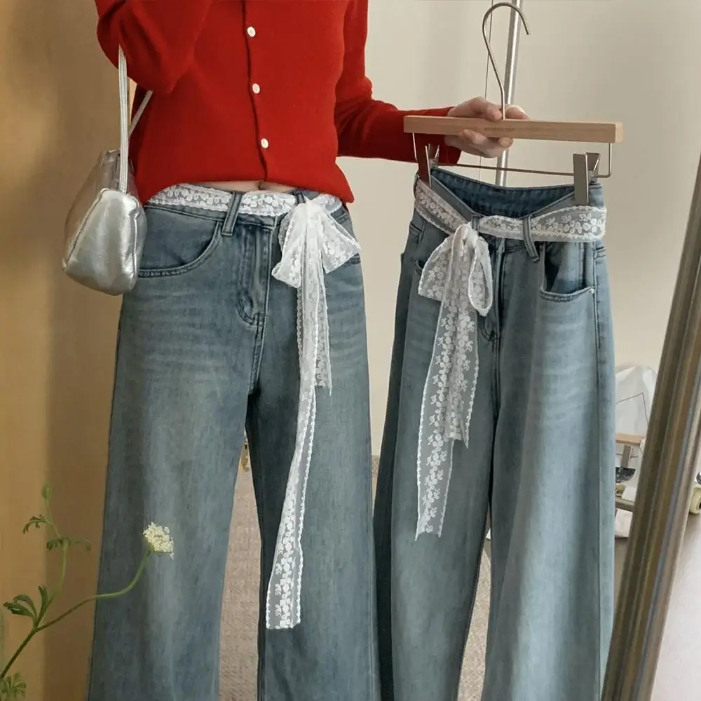 Moda Y2k cintura larga de encaje lazo Floral cinturón de encaje atar vestido fino Jeans cinturón ropa de calle