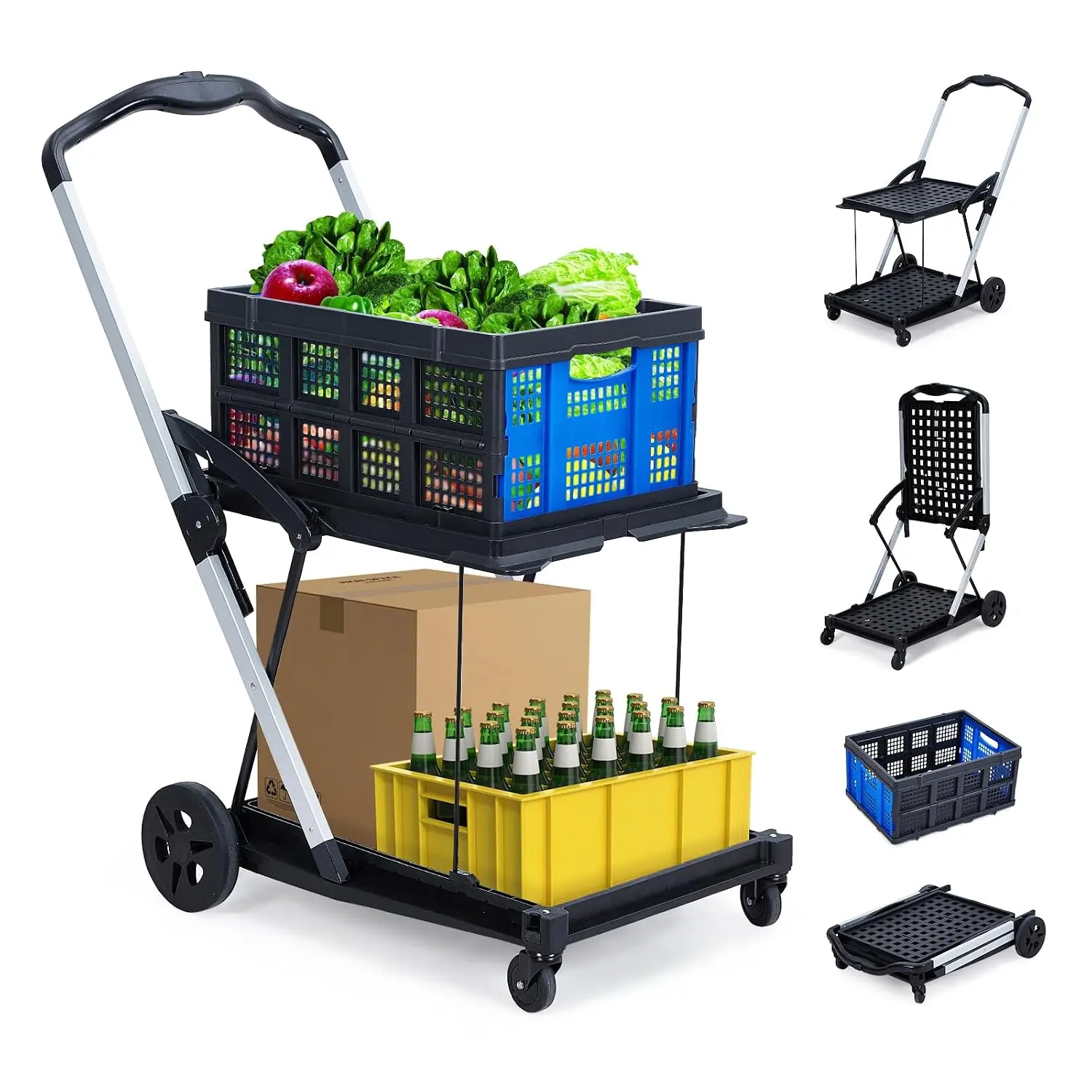 Collapsible Shopping Cart 2 Tier Rolling Storage Cart With Removable Crate Folding Cart Portable Grocery Cart On Wheels Display Organizer Holder Storage Rack Frame Black