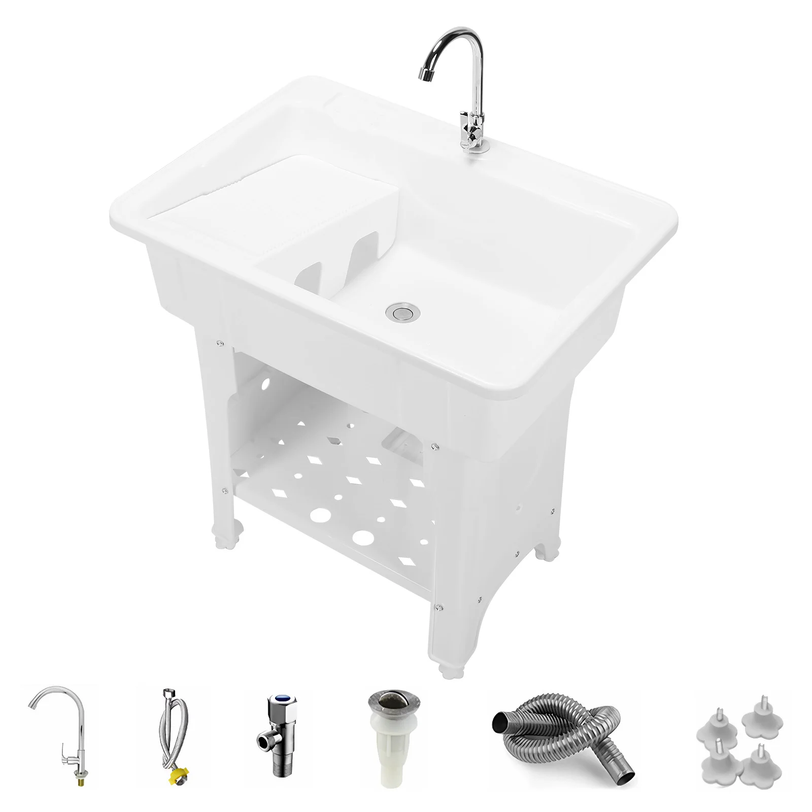 

Floor-Standing Sink Basin W/ Washboard & Faucet Laundry Table Wash Basin Multi-Purpose for Room Basement Garage