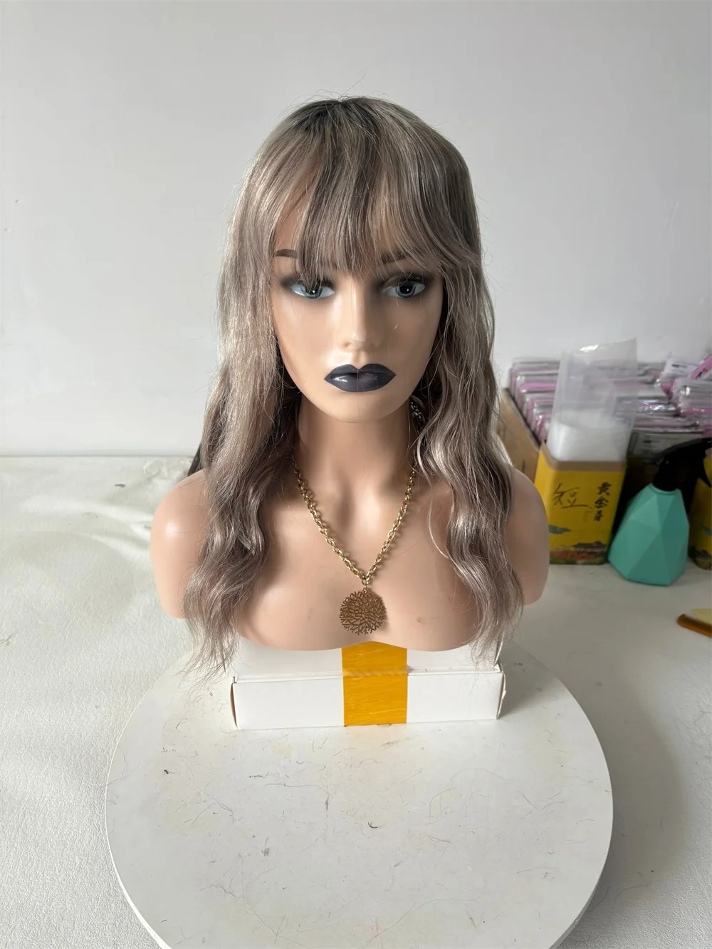 

Brazilian Human Hair Wig with Lovely Bangs Dark Ash Blonde Highlights Wig Dark Roots Natural Wave HD Lace Wigs Glueless 18Inch