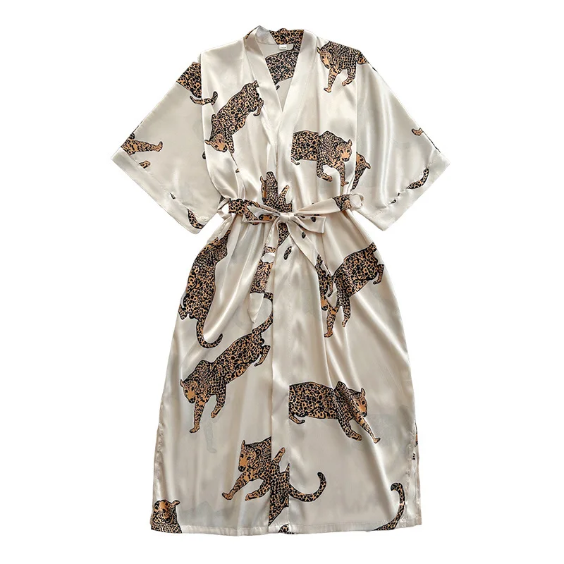 Ice Silk Nightgown Summer Thin Simulation Silk Leopard Print Simple Home Wear Sexy Cardigan Lace Up One Size Bathrobe for Women