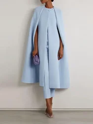 Lemongor 2025 New Female Party Evening Two Piece Sets Solid Color Cloak Sleeve Cape Elastic High Waist Straight-leg Pants Suits