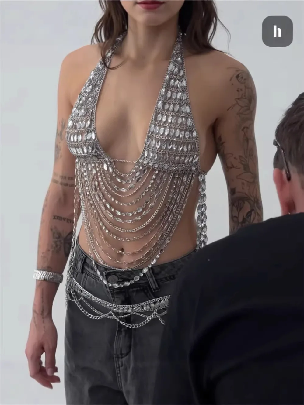 

Sexy Silver Rhinestone Halter Neck Body Chain Top With Multi-Layer Tassel Sparkling Diamond Vest, Nightclub Party Chest Chain