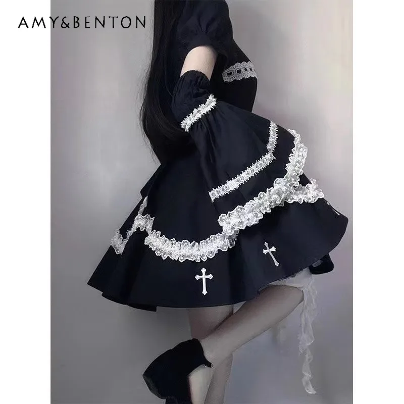 

2025 Autumn New Sweet Cool Women's Clothing Halloween Design Sweet Cool Hot Girl Subculture Lolita Splicing Puffy Dresses Ladies