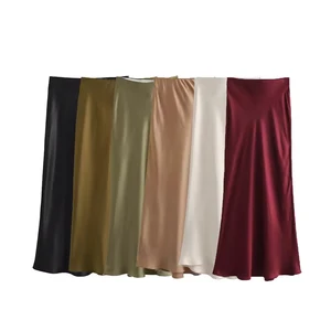Midi Traf-Satin Fluid Satin, hohe Taille mit elastischer Taille, weibliche Röcke, schicke Mode 10 Hauptverkaufsrock Midi Actiniert - №8
