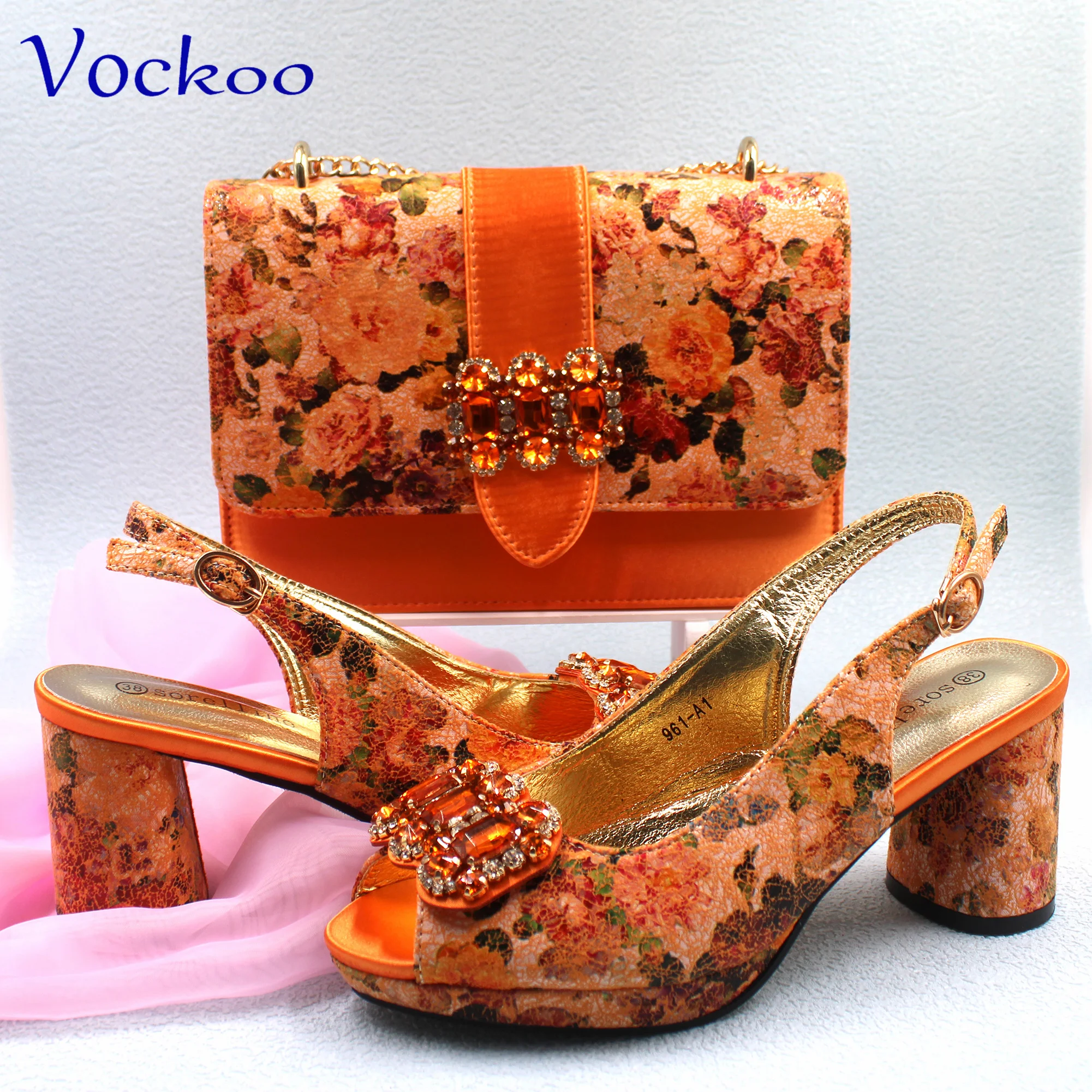 Orange New Arrivals 2024 Summer High Quality Design Flower Pu Leather Italian Women Shoes and Bag Set for Dress