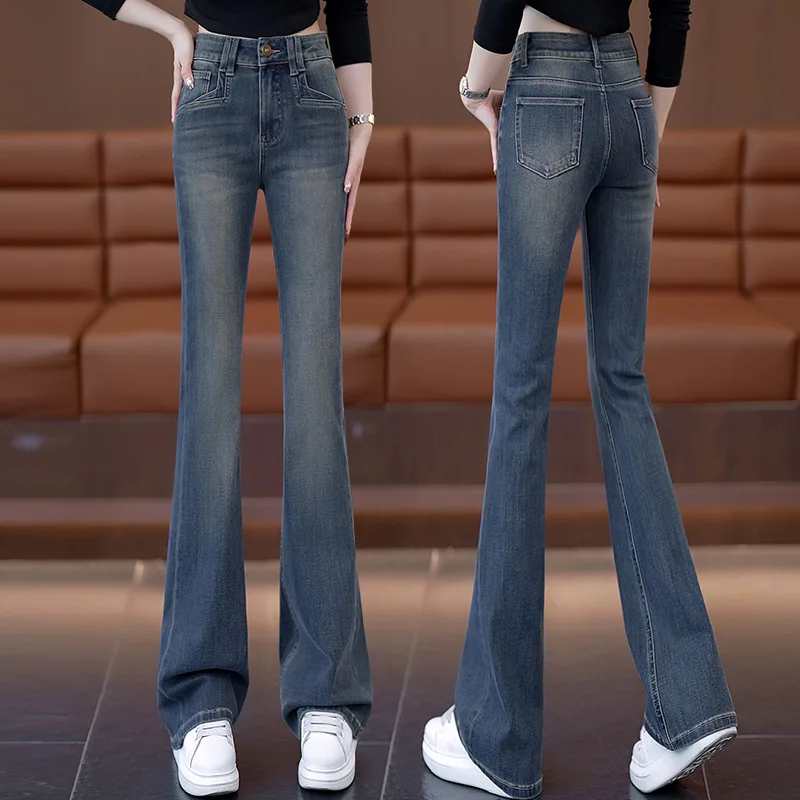 Теплые джинсовые расклешенные брюки на флисовой подкладке, утягивающие брюки-клеш