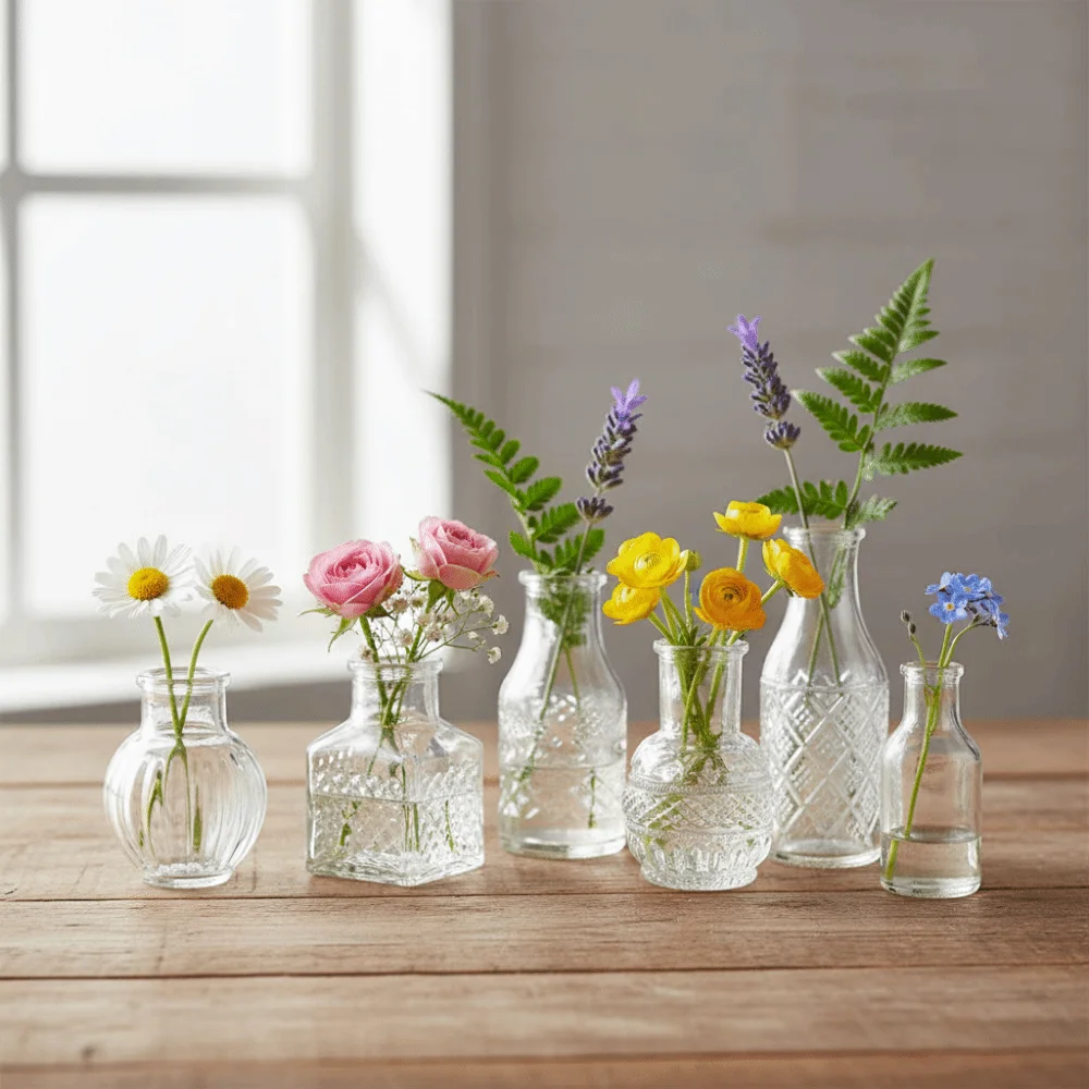 

10PCS/SET Retro Relief Mini Glass Vase Crystal Clear Decorative Small Vase Set European Style Elegant Transparent Vase