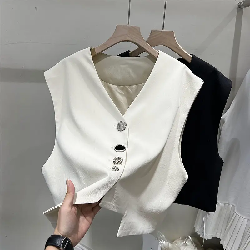 

Summer Thin White Vest Coat Women Y2k V-neck Single Breasted Sleeveles Tops Mujer 2025 New All-match Simple Tank Top