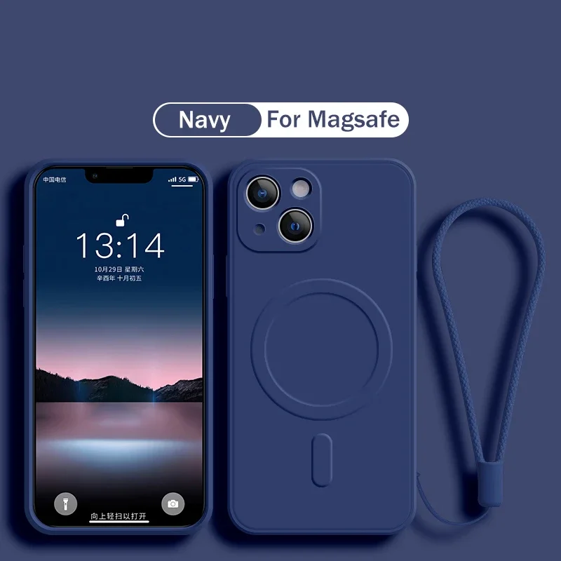 Liquid Silicone Magnetic Phone Case With Lanyard For iPhone 18 17 16 15 14 13 12Pro Max Plus 13 12Mini 16e Soft Anti-slip Cover
