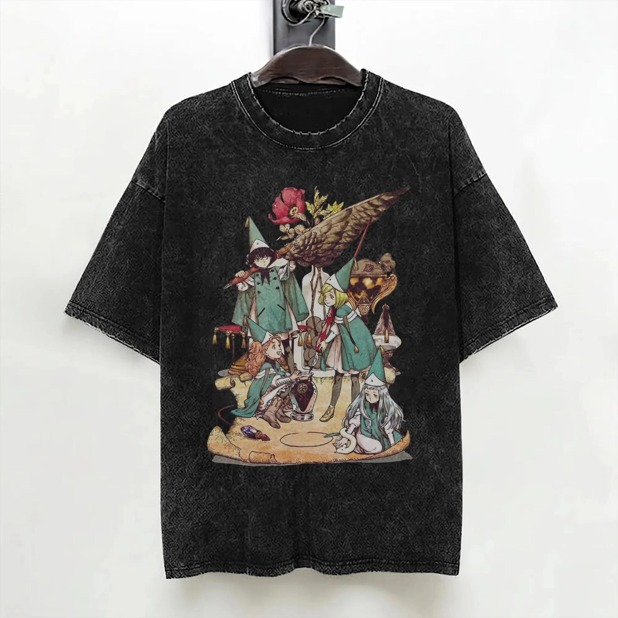 Anime Witch Hat Atelier Coco Vintage Washed T Shirt Unisex Oversized Casual Loose Short Sleeve Harajuku Streetwear Fans Tee Tops