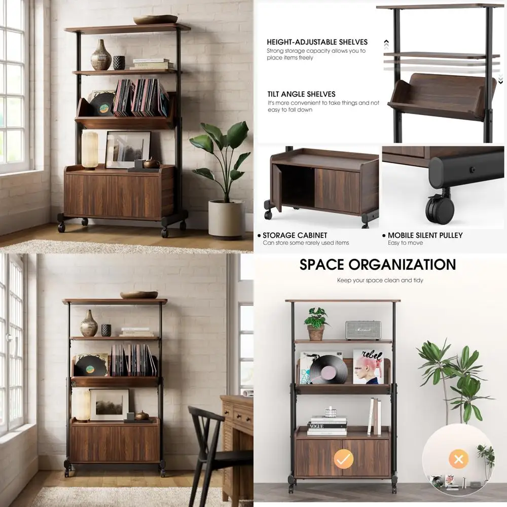 

4-Tier Adjustable Bookcase with Cabinet and Wheels, Modern Design, Large Storage Organizer for Home Office