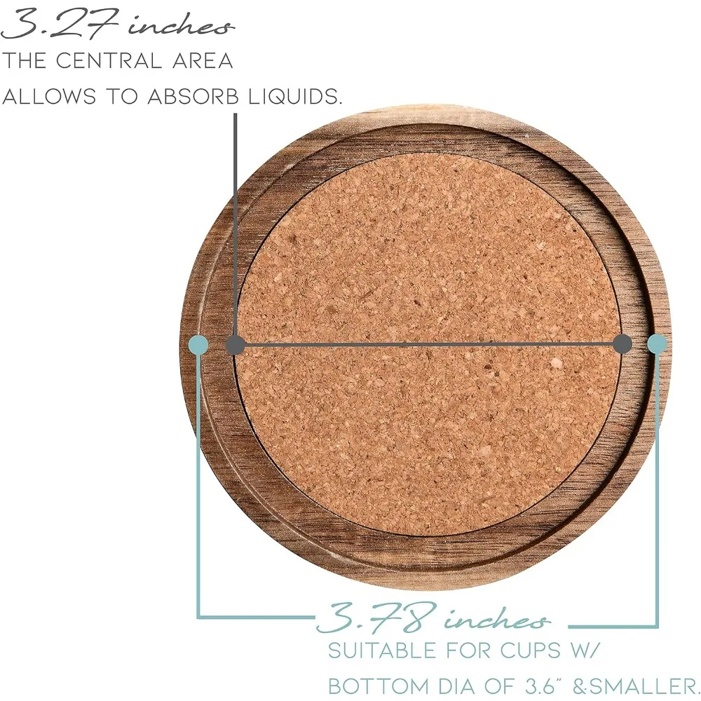 Podstawki pod napoje z drewna akacjowego, 10,5 cm, zestaw 6 sztuk, chłonne i izolacyjne korkowe podstawki do kubków, rustykalne podstawki pod w