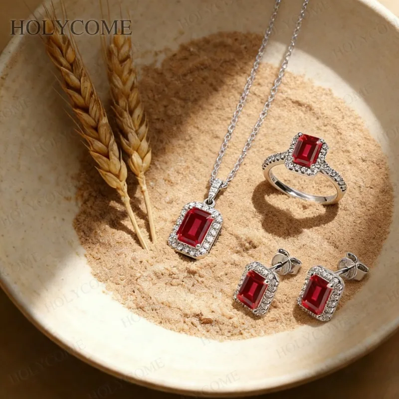 Conjunto de joyería, pendientes, anillos y colgante de moissanita/zafiro/rubí/Columbia/esmeralda rubí, conjunto completo de joyería única de Plata de Ley 925